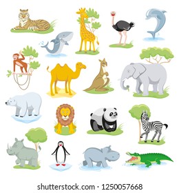 Wild animals African, Australian, Arctic, Antarctic, Asian fauna isolated animals and sea creatures set with landscape.Vector illustration