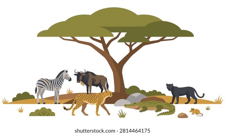 Wild animals in african landscape including crocodile wildebeest and mouse, natural flat vector scene featuring wilderness creatures outdoors.