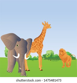 Wild animals in african savanna, elephant, giraffe and lion. Beautiful landscape vector illustration.