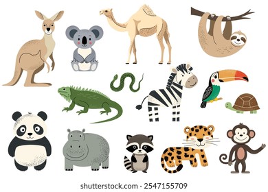 Animais selvagens. Zebra africana, leopardo, coala, camelo, preguiça, iguana, canguru. Animais de safári puxados à mão.