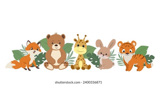 Wild animals among tropical plants. Horizontal banner with cute African animals. Vector illustration. Bear, tiger, giraffe, fox and hare, in flat cartoon style. Jungle.