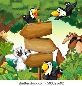 Wild animals around the wooden sign in woods illustration