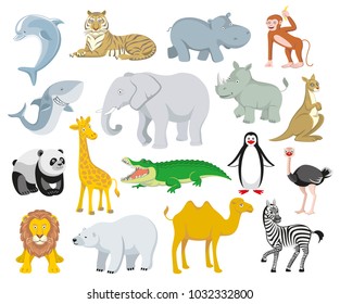 Wild animals Australia, Asia, the Arctic, Antarctica fauna isolated  and sea creatures set. Vector illustration