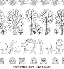 Wild animals in autumn forest. Vector seamless pattern. Doodles wild animals and birds on white background. Fox, bear, hare, wolf and owls. Trees and bushes. Duotone repeating tiles.