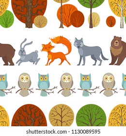 Wild animals in autumn forest. Vector pattern. Cartoon wild animals and birds on white background. Fox, bear, hare, wolf and owls. Trees and bushes. Seamless repeating tiles.
