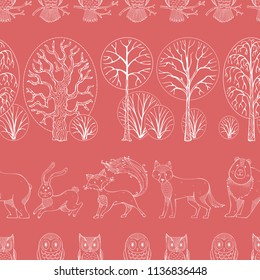 Wild animals in autumn forest. Vector seamless pattern. White outline wild animals and birds on colored background. Fox, bear, hare, wolf and owls. Trees and bushes. Duotone repeating tiles.