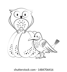 Wild animals and autumn season cartoons owl and crow on pumpkin vector illustration graphic design