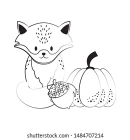Wild animals and autumn season cartoons fox with pumpkin and nut vector illustration graphic design