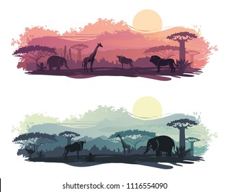 Wild animals in the backdrop of the African sunset