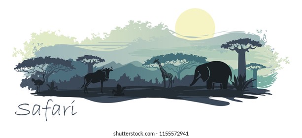 Wild animals in the backdrop of the African sunset. Vector Illustration
