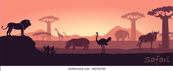 Wild animals in the backdrop of the African sunset