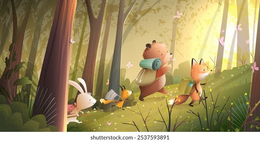 Wild animals with backpacks hiking in the forest. Bear fox rabbit and squirrel going on adventure in the woods among trees. Illustration for kids story or fairy tale. Vector cartoon for children.