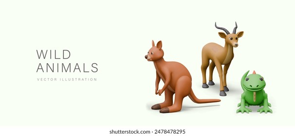 Wild animals. Banner with exotic creatures. Realistic kangaroo, iguana, gazelle