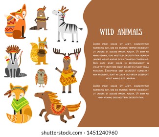 Wild Animals Banner Template with Place for Text and Cute Ethnic Animals, Fox, Beaver, Zebra, Raccoon, Squirrel, Owl Bird, Deer, Horse, Vector Illustration