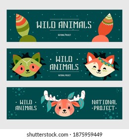 Wild animals banners set. Friendly cartoon fox, raccoon, moose with decorations in boho style. Vector illustrations with text. Wildlife concept for flyers and brochures design
