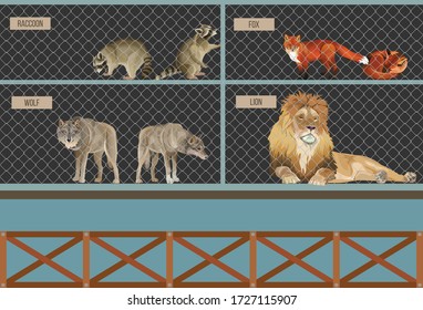 Wild animals behind bars in zoo cage. Lion, wolves, foxes and raccoons. Vector illustration isolated on dark background