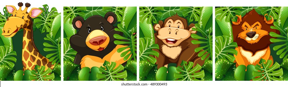 Wild animals behind the bush illustration