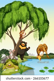 Wild animals besides a river