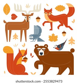 Wild animals, birds and autumn forest elements set. Scandinavian woodland creatures, leaves and acorns. Geometric bear, squirrel, deer, tit bird, owl and fox in vintage colors on white background.