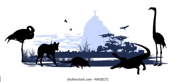 Wild animals and birds in Brazil on the statue of Christ background