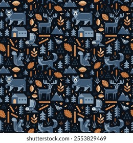 Wild animals and birds in cozy Scandinavian forest pattern. Nordic seamless background with geometric woodland creatures in the wild, cozy wood with log cabin, mountains, trees and leaves.