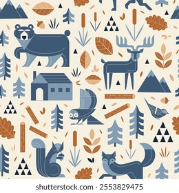 Wild animals and birds in cozy Scandinavian forest pattern. Nordic seamless background with geometric woodland creatures in the wild, cozy wood with log cabin, mountains, trees and leaves.