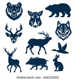 Wild animals and birds for hunting club design templates. Vector isolated icons or grizzly bear, aper boar, wolf and hare or rabbit, deer and elk or reindeer and duck for hunter open season badge.