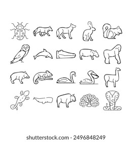 Wild Animals, Birds And Insects Icons Set Vector. Alligator Reptile And Cobra Snake, Hippopotamus And Dolphin Marine Mammal Animals, Squirrel And Chameleon Black Contour Illustrations