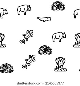 Wild Animals, Birds And Insects Vector Seamless Pattern Thin Line Illustration