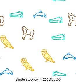 Wild Animals, Birds And Insects Vector Seamless Pattern Color Line Illustration