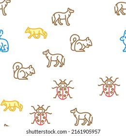 Wild Animals, Birds And Insects Vector Seamless Pattern Color Line Illustration