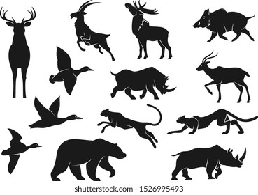 Wild animals and birds isolated vector silhouettes. Deer with antlers and cheetah, boar and mountain goat, panther and grizzly bear, rhinoceros and elk, flying duck birds. Hunting sport animals