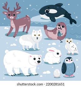 Wilde Tiere und Vögel im Norden, Natur der Arktis und Antarktis, Vektorgrafik. Cartoon einzeln auf süße Tierfiguren mit lustigen Eisbären, glücklicher Walross mit Fisch und Pinguin, weißer Fuchs