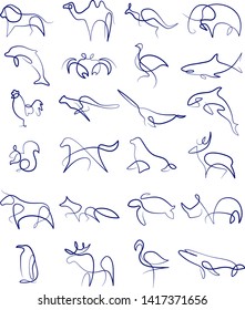Wild animals, birds thin line art icons set. Wildlife zoology, hunting trophies. Linear style symbols isolated on white.
