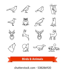 Wild Animals & Birds Thin Line Art Icons Set. Wildlife Zoology, Hunting Trophies. Linear Style Symbols Isolated On White.