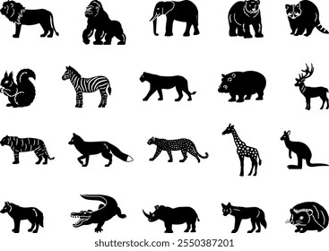 Animales salvajes Iconos negros. Ilustraciones vectoriales de león, gorila, elefante, oso, ciervo, ardilla, cebra, tigre, leopardo, jirafa, mapache, zorro, lobo, rinoceronte y otros