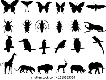 Wild animals black silhouettes, Bird,  insect and wildlife vector illustration isolated on white