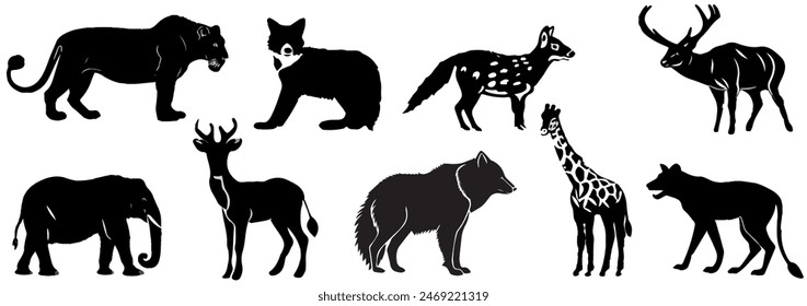 Wild animals black silhouettes. Elephant, giraffe, lion, hippo, hyena, rhin, zebra. Wild, domestic animals icons. Set of black animal silhouette.