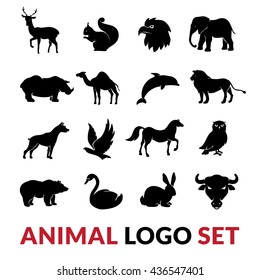 Wild animals black silhouettes logo icons set with lion elephant swan squirrel and camel vector isolated illustration 