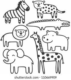 Wild animals in black and white vector illustration set
