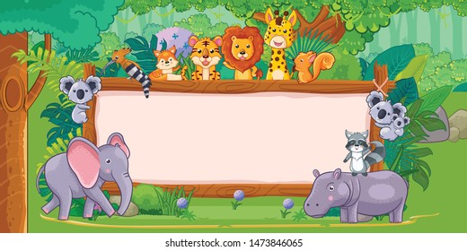 wild animals with a blank sign wood in the jungle