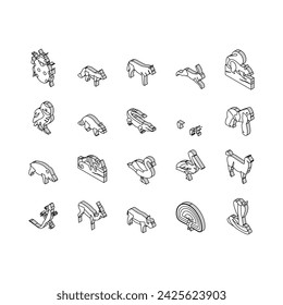 Wild Animals, Bugs And Birds isometric icons set. Alligator Reptile And Cobra Snake, Lama And Antelope, Gorilla And Hippopotamus Wild Animals Line. Chameleon And Lizard Color .