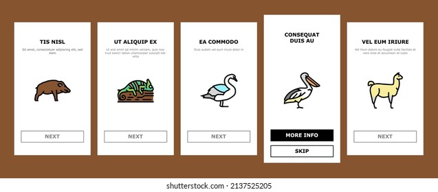 Wild Animals, Bugs And Birds Onboarding Mobile App Page Screen Vector. Alligator Reptile And Cobra Snake, Lama And Antelope, Gorilla Hippopotamus Wild Animals . Chameleon Lizard Illustrations