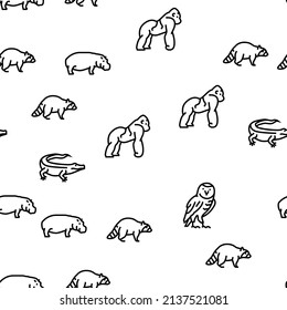 Wild Animals, Bugs And Birds Vector Seamless Pattern Thin Line Illustration