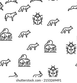 Wild Animals, Bugs And Birds Vector Seamless Pattern Thin Line Illustration