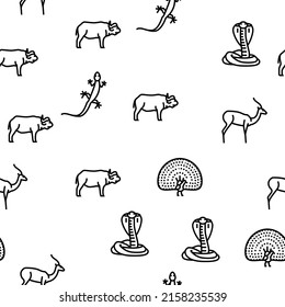 Wild Animals, Bugs And Birds Vector Seamless Pattern Thin Line Illustration