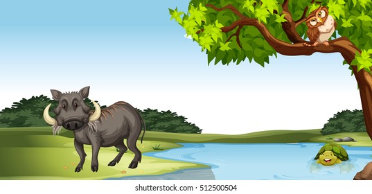 Wild animals by the pond illustration