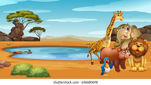 Wild animals by the pond illustration