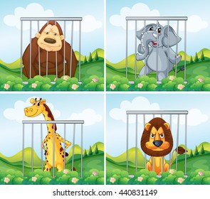 Wild animals in cage illustration