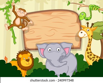 Fondo de dibujos animados de animales salvajes con tablero de madera en blanco para tu masaje.